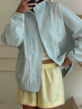 Contrast Piping Denim Bomber Zip Jacket