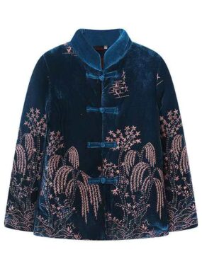 Floral Embroidered Fleece Velvet Qipao Jacket