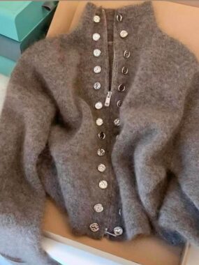 Double Buttons Row Stand Collar Cardigan with Zip