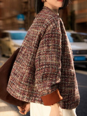 Real Wool Tweed Relaxed Collarless Jacket
