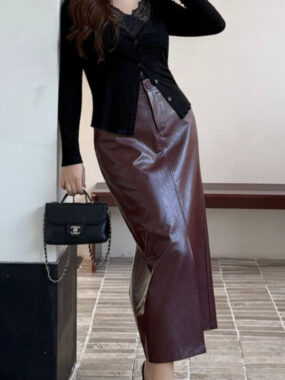 H-line Faux Leather Semi Shine Front Slit Skirt