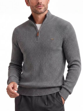 Ribbed Knit Quarter-Zip with Leather Pull